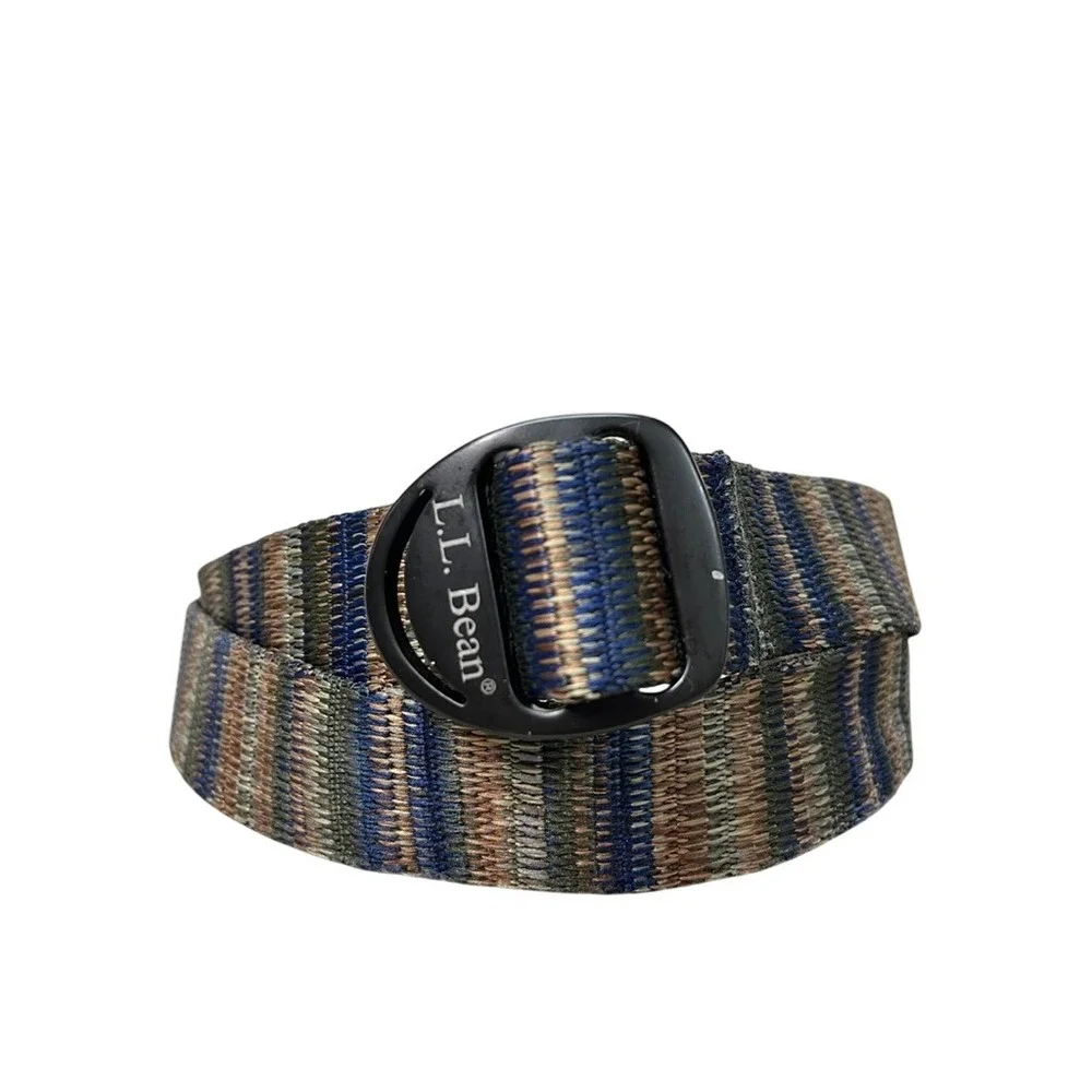 LL Bean Bison Designs Webbing Belt Mens Blue Brown Striped D-Ring Buckle 48 Inch